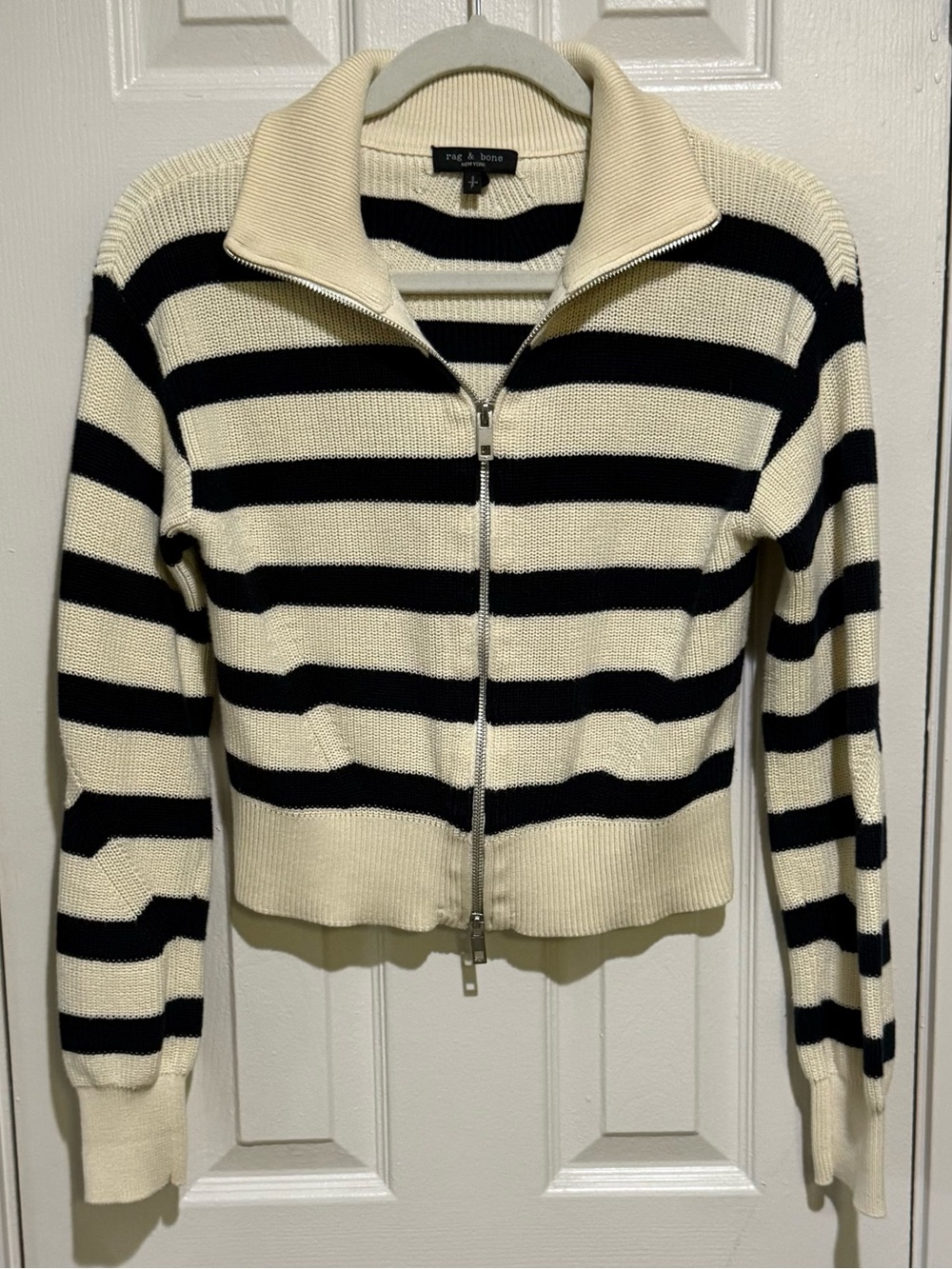 rag & bone Black and Cream Striped Zip-Front Sweater Amy Stripe Cotton zip - Picture 9 of 9